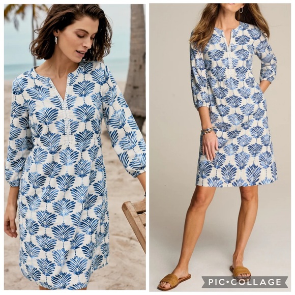 J. Jill Dresses & Skirts - J. Jill Printed Split Neck Cotton Dress White Blue XL Coastal